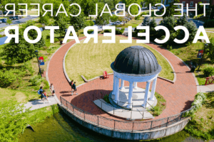 Aerial view of the gazebo in Sarah's Glen at Shenandoah University with the text "的 Global Career Accelerator."